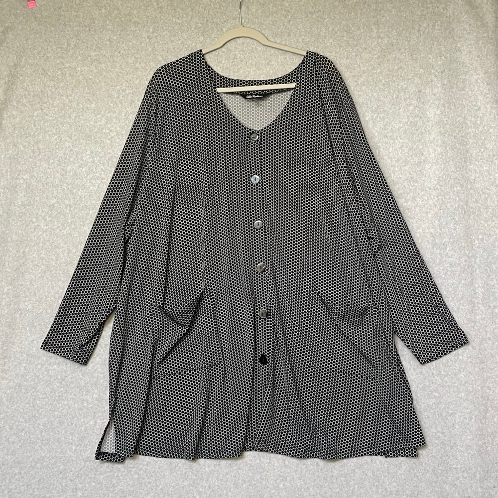 Ulla Popken geometric print stretch knit button down top sz.32-34 #II